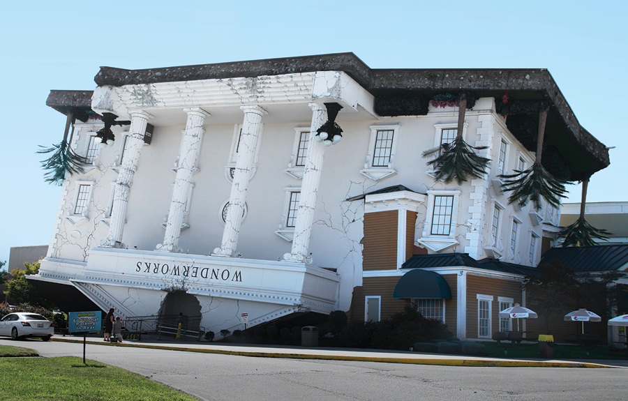 Wonderworks upside down building constructed out of 3D foam by Studio Y Creations