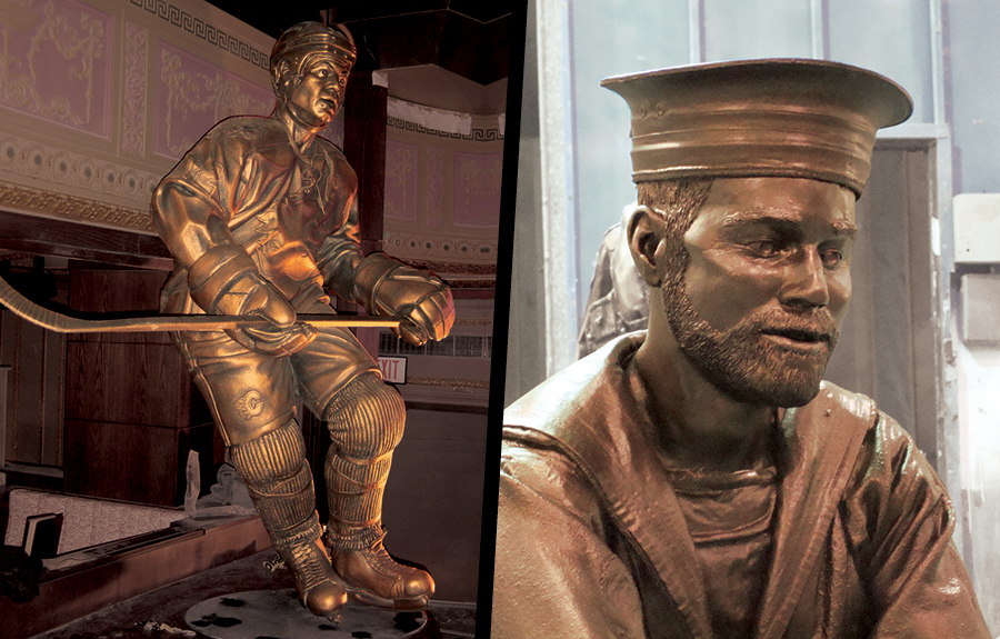 Close up bronzes of hockey athletes in a sports museum