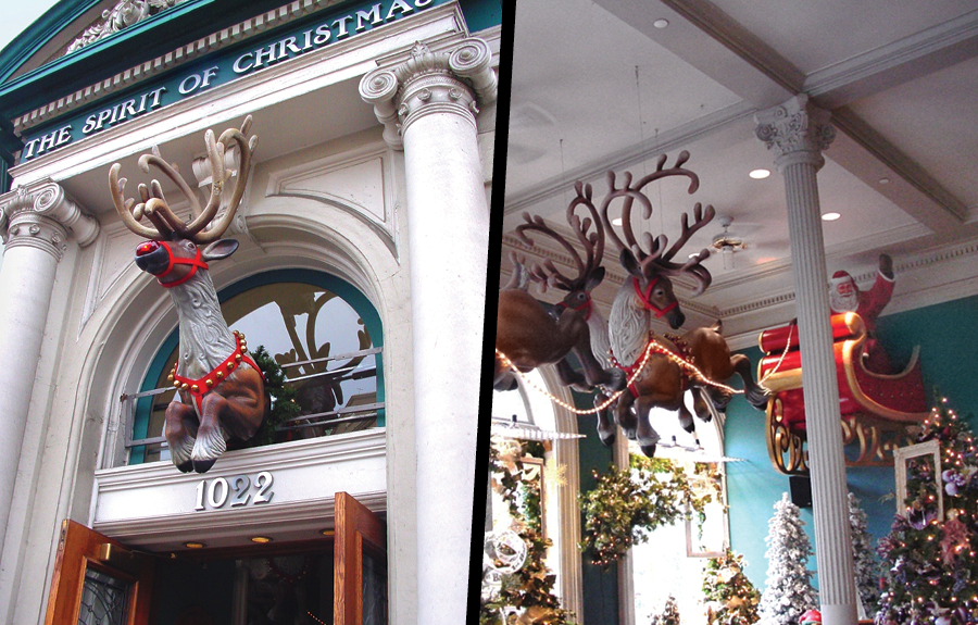 Exterior and interior christmas mall decorations of reindeer and Santa Claus