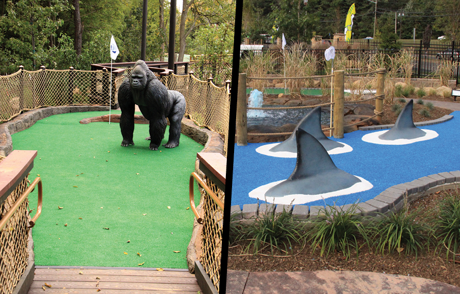 Sculpted foam gorilla and swimming sharks in a fun mini golf course