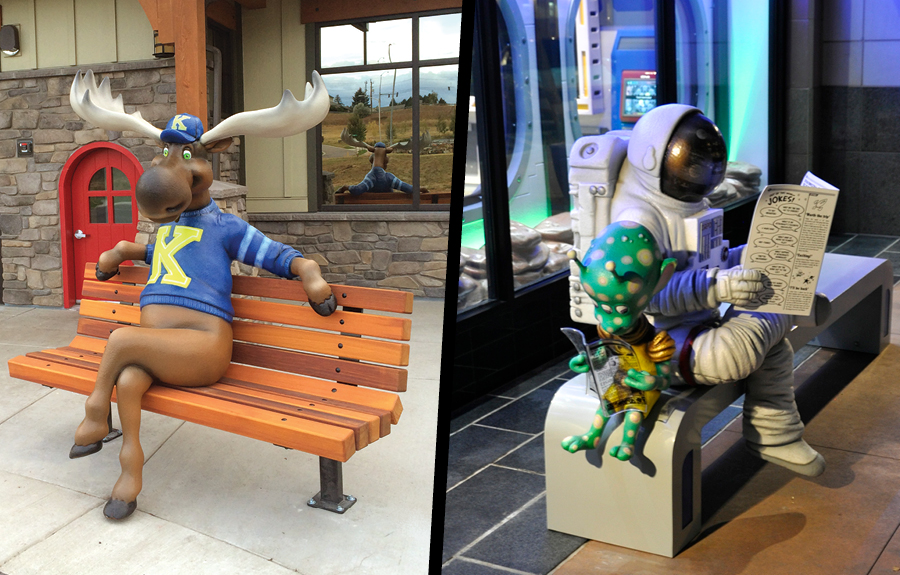 Sidewalk benches with photo ops of a sculpted moose and astronaut
