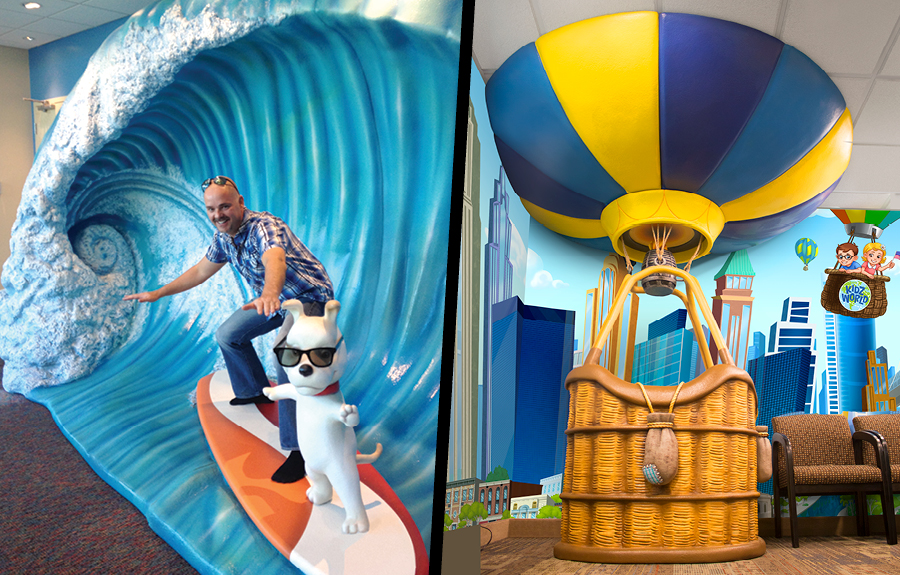 Giant scultped wave and hot air balloon inside fun kid friendly offices