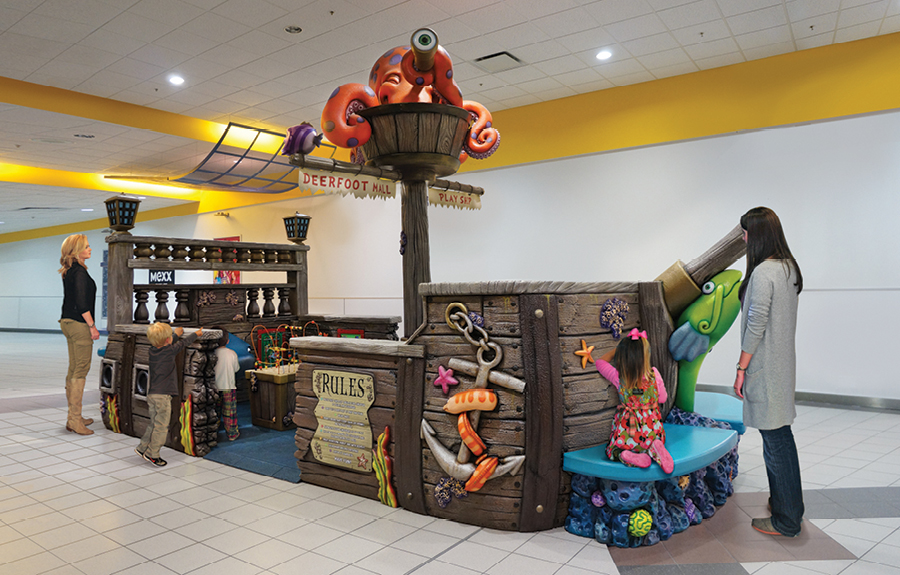 Sunken ship themed mall play area with 3D foam characters and gaming for kids