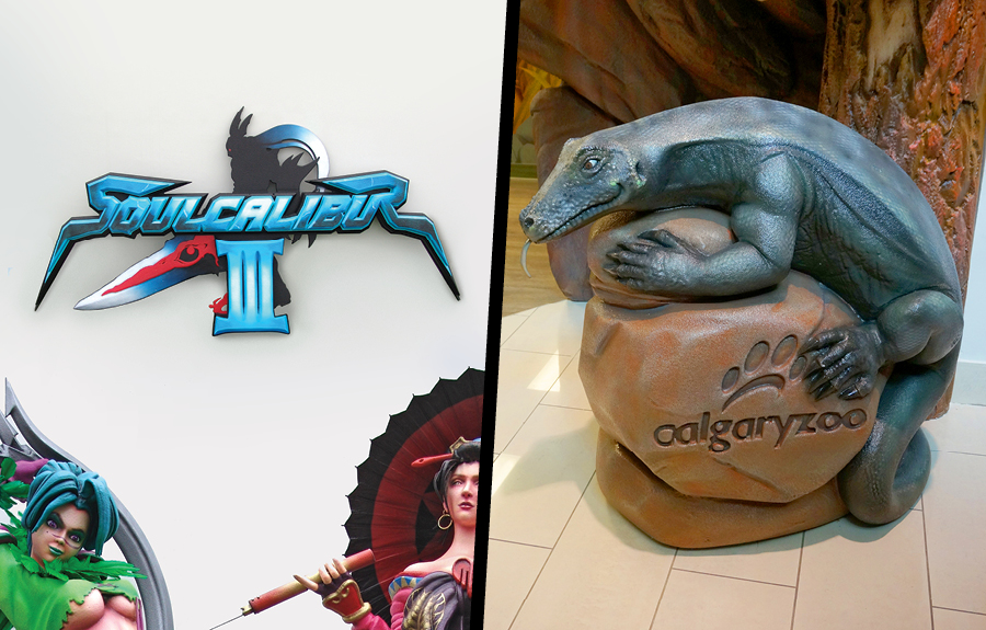 Promotional signage for a video game and sculpted exhibit signage for a zoo
