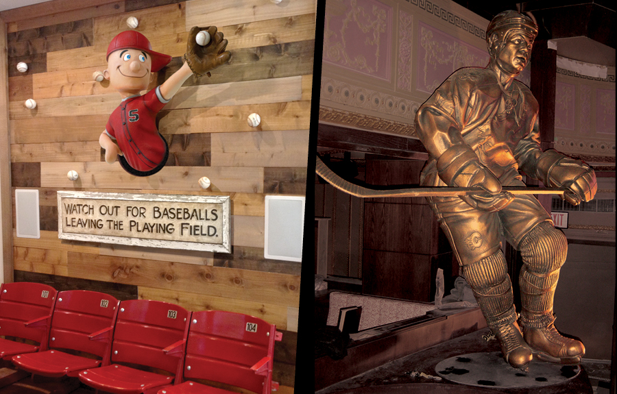 Sculpted baseball mascot in kids office and a large foam bronze of hockey player in sports museum