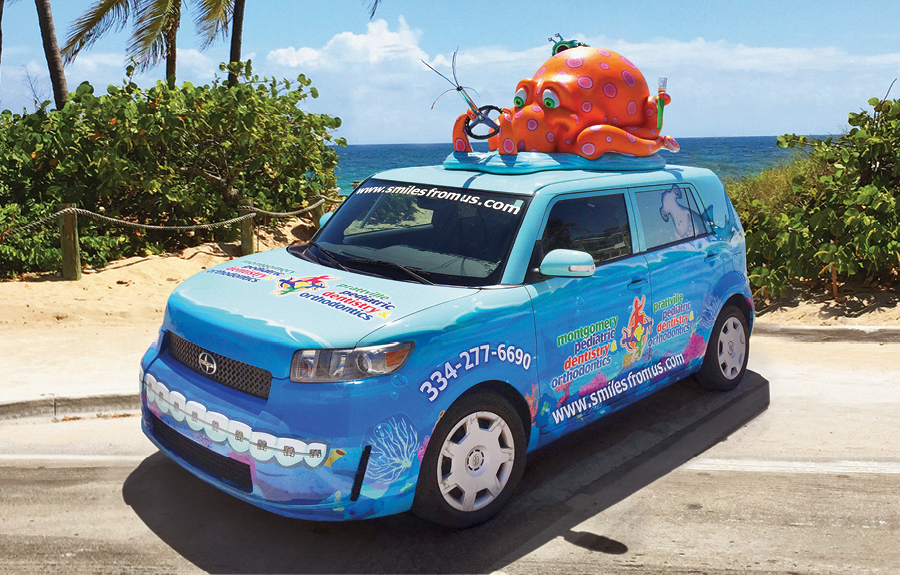 Car advertising vinyl wrap featuring a 3D octopus character mascot